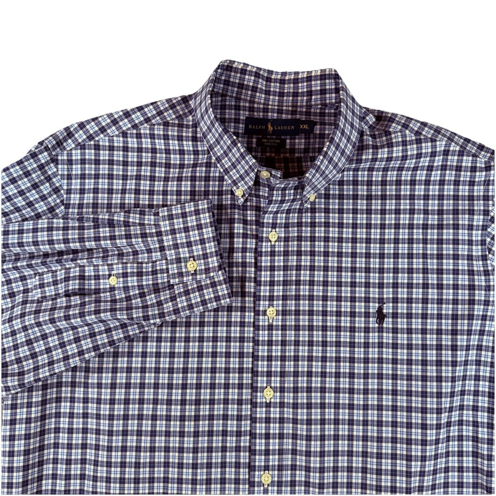 Ralph Lauren Cotton Stretch 2XL Button Down Shirt Blue Check Long Sleeve Skater